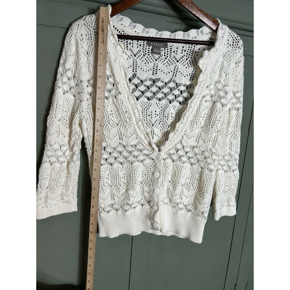 Kenar Womens Open Knit Crochet Sweater Size M Ivory Cottagecore Boho Sustainable